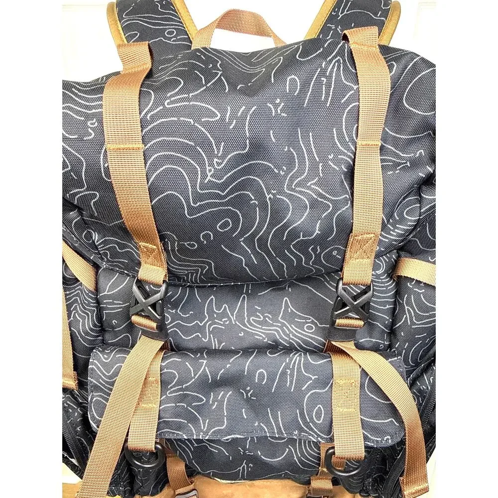 KAVU Camp Sherman Backpack Topo Print Black Gray Brown Hiking Travel Outdoor